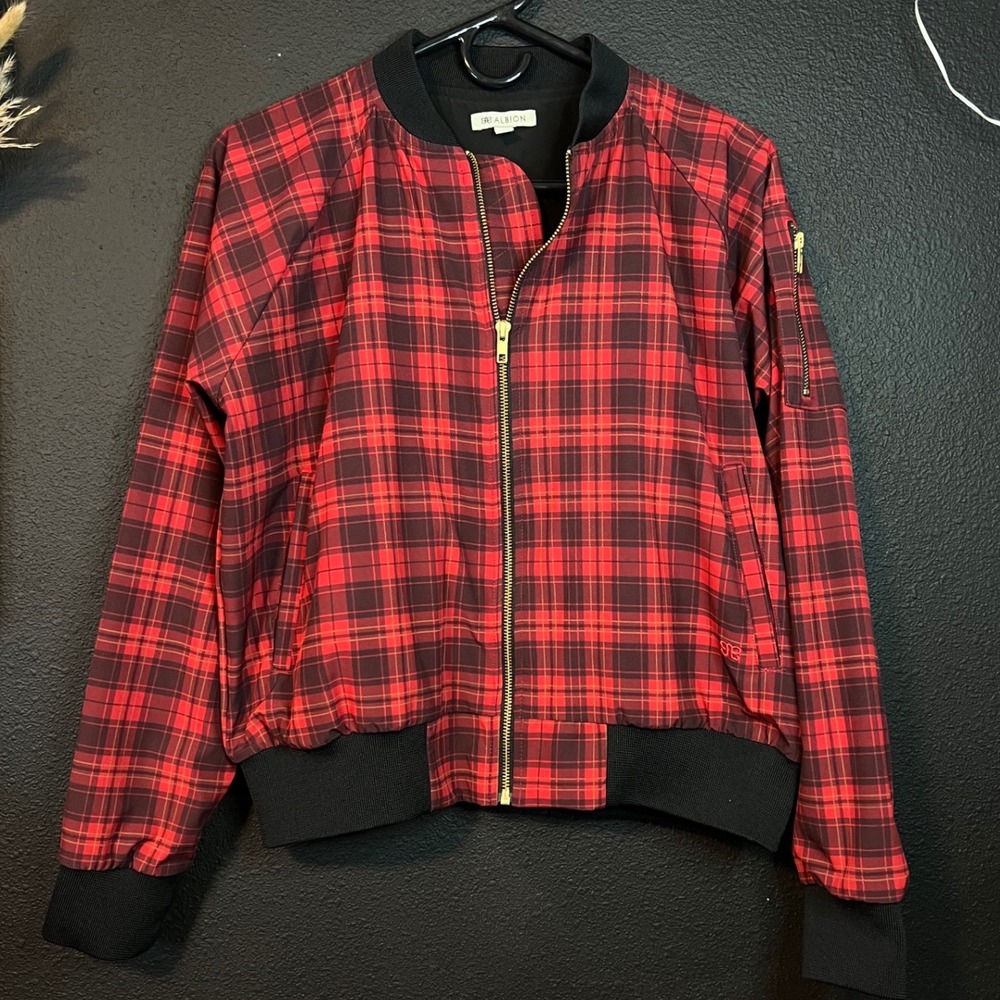 Albion Red Plaid Cropped Bomber Jacket Tartan Zip Up Grunge Preppy Women's M